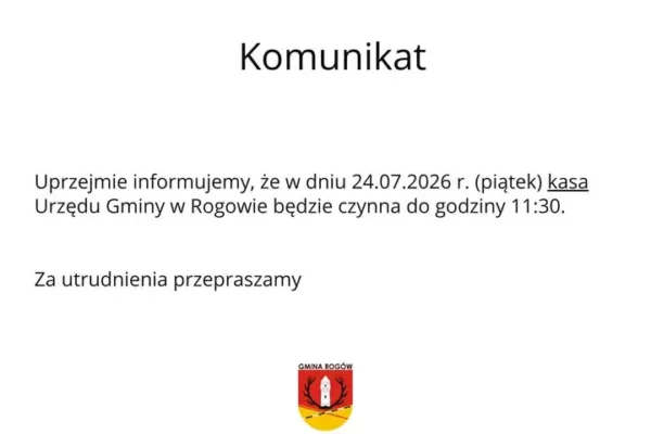 Kasa Urzędu Gminy w Rogowie w piątek czynna krócej