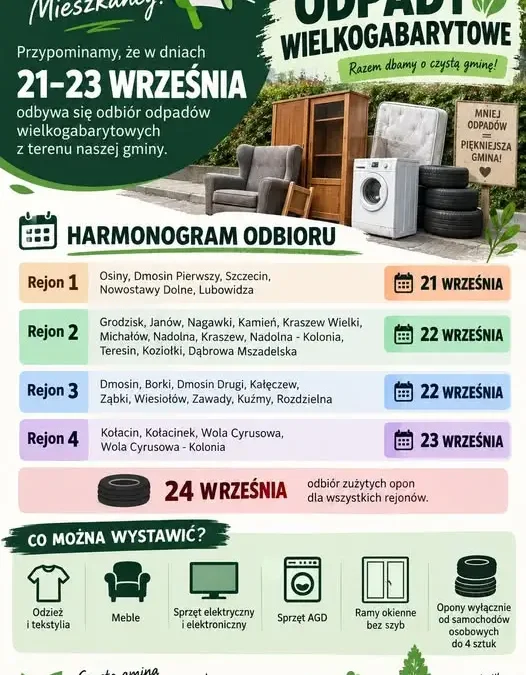 Odbiór odpadów wielkogabarytowych w gminie Dmosin – harmonogram 21-23 września 2026